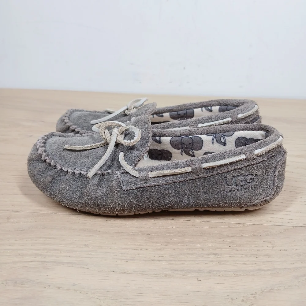 UGG Slippers Kids 2 Gray Leather Moccasin Fleece Lined Warm Cozy Shoes 1698